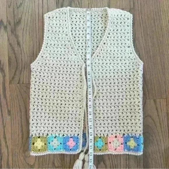 Crochet Cream and Multicolor Granny Square Tie Front with Tassle Wool Boho Vest - Picture 15 of 15